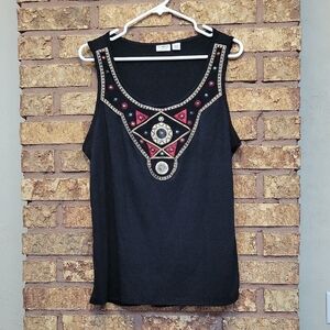 Cato Embroidered Flowy Black Tank Top with Red and Gold Accents Size 18/20W